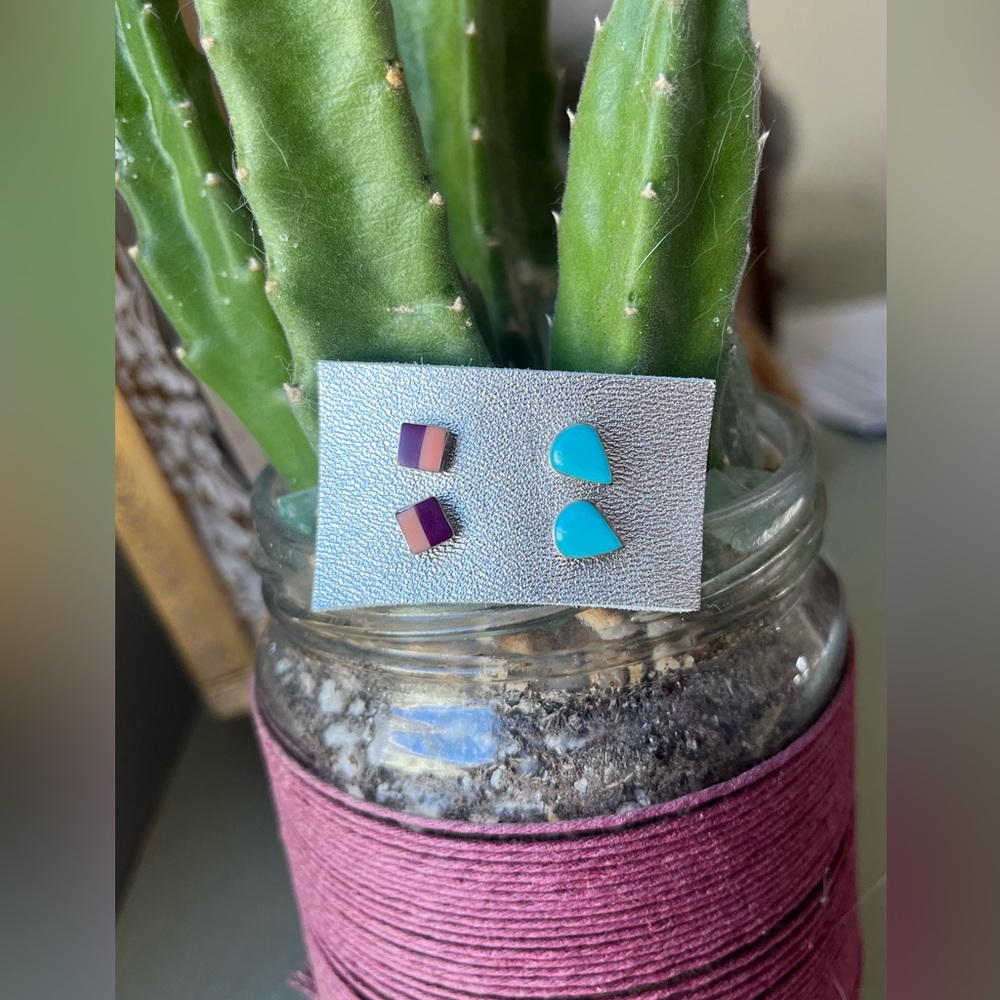Turquoise and Coral Tiny Stud Duo